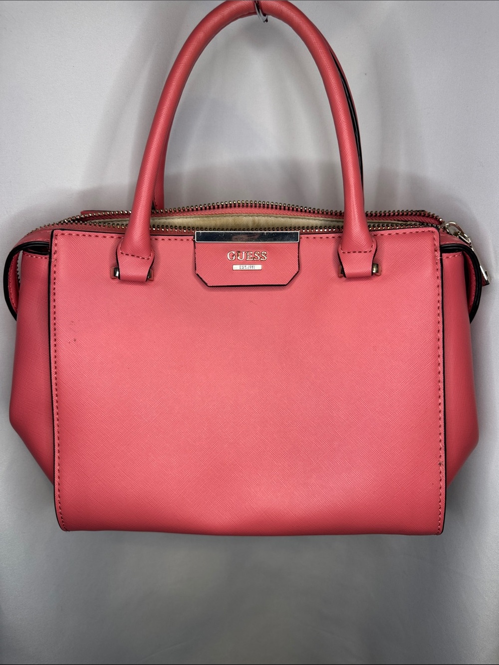 GUESS Coral Pink Structured Top-Handle Satchel